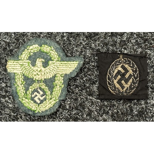 2351 - WW2 Third Reich Schuma Battalion Bevo Cap Insignia, uncut: Police sleeve eagle, uniform removed. (2)