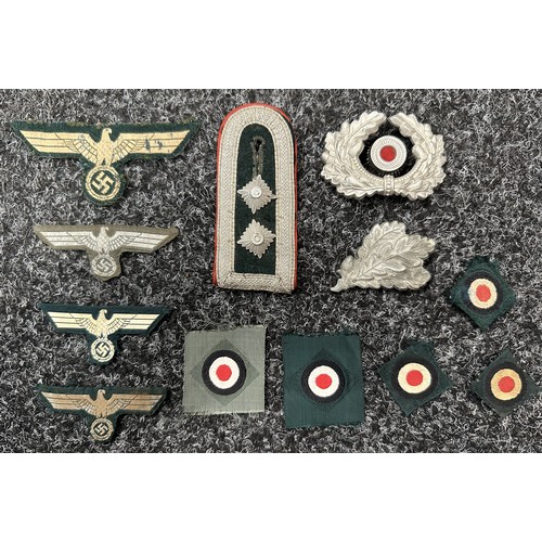 2356 - WW2 Third Reich Heer insignia collection to include: Early war Bevo breast eagle, uniform removed: T... 