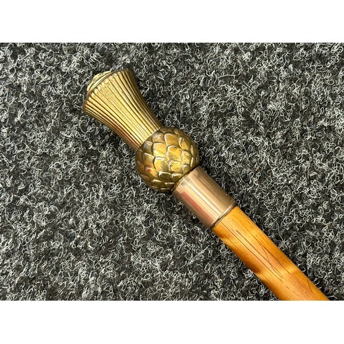 2375 - Scots Guards Swagger Stick with brass end in the form of a Thistle with a Staybrite button inset int... 