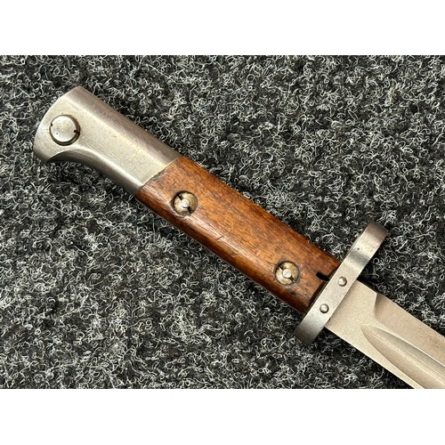 2379 - Czech VZ24 Bayonet with fullered single edged blade with upper cutting edge 297mm in length. Wooden ... 