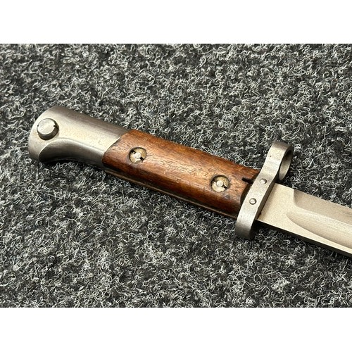 2379 - Czech VZ24 Bayonet with fullered single edged blade with upper cutting edge 297mm in length. Wooden ... 