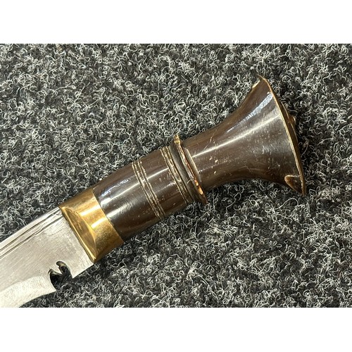 2381 - Kukri Knife with single edged blade 280mm in length. No markings. Horn grip. Brass pommel. Overall l... 