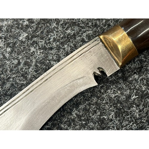 2381 - Kukri Knife with single edged blade 280mm in length. No markings. Horn grip. Brass pommel. Overall l... 