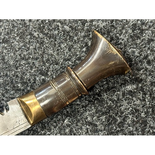 2381 - Kukri Knife with single edged blade 280mm in length. No markings. Horn grip. Brass pommel. Overall l... 