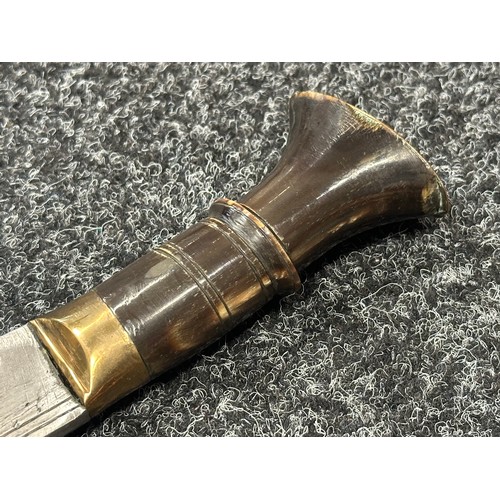 2381 - Kukri Knife with single edged blade 280mm in length. No markings. Horn grip. Brass pommel. Overall l... 