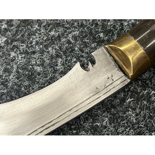 2381 - Kukri Knife with single edged blade 280mm in length. No markings. Horn grip. Brass pommel. Overall l... 