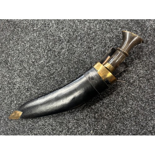 2381 - Kukri Knife with single edged blade 280mm in length. No markings. Horn grip. Brass pommel. Overall l... 