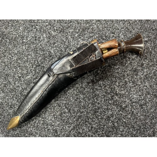 2381 - Kukri Knife with single edged blade 280mm in length. No markings. Horn grip. Brass pommel. Overall l... 