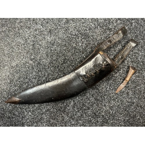 2388 - Gurhka Kukri knife with single edged blade 290mm in length. Horn grip. Overall length 400mm. Brass c... 