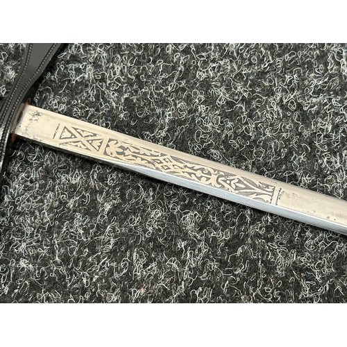 2402 - Masonic Sword with duble sided blade with etched decoration 697mm in length. No makers mark. Turned ... 