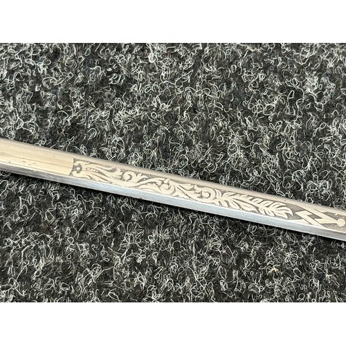 2402 - Masonic Sword with duble sided blade with etched decoration 697mm in length. No makers mark. Turned ... 