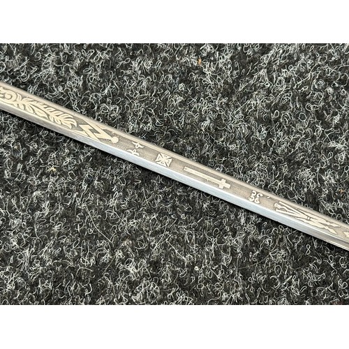 2402 - Masonic Sword with duble sided blade with etched decoration 697mm in length. No makers mark. Turned ... 