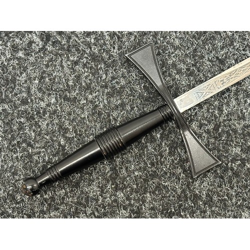 2402 - Masonic Sword with duble sided blade with etched decoration 697mm in length. No makers mark. Turned ... 