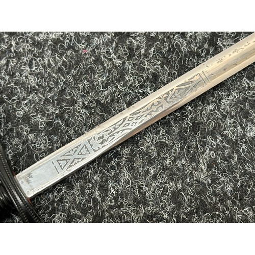 2402 - Masonic Sword with duble sided blade with etched decoration 697mm in length. No makers mark. Turned ... 