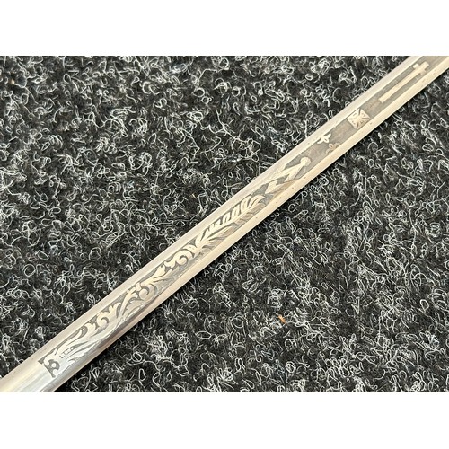 2402 - Masonic Sword with duble sided blade with etched decoration 697mm in length. No makers mark. Turned ... 