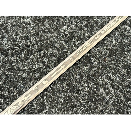 2402 - Masonic Sword with duble sided blade with etched decoration 697mm in length. No makers mark. Turned ... 