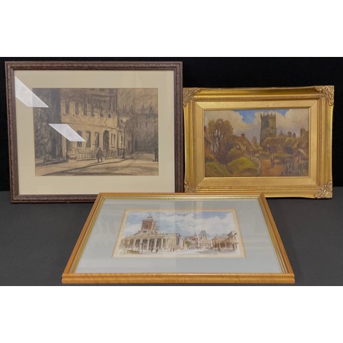 670 - Trevor Makinson  
Street Scene  
signed, charcoal and watercolour, dated 1945; another watercolour, ... 