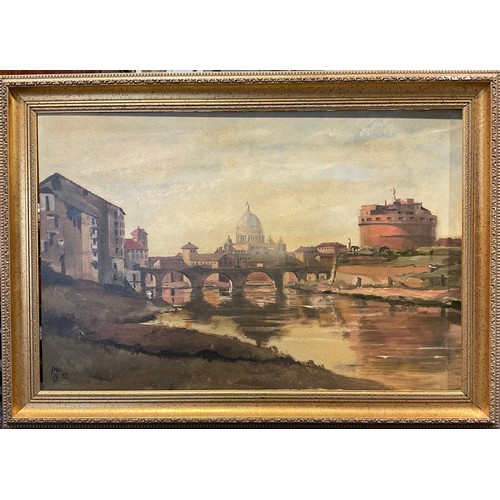 673 - Continental School (20th century)
Castel Sant’Angelo from the River Tiber, Rome
monogrammed PW IV, d... 