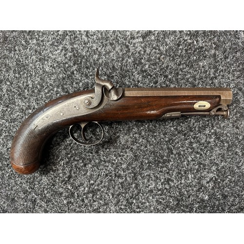 2411 - Percussion Cap Pistol with octagonal Damascus barrel 128mm in length, engraved with maker mark 