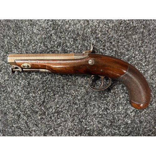 2411 - Percussion Cap Pistol with octagonal Damascus barrel 128mm in length, engraved with maker mark 