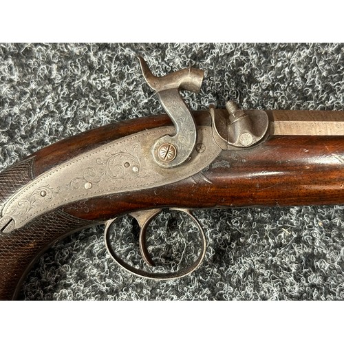 2411 - Percussion Cap Pistol with octagonal Damascus barrel 128mm in length, engraved with maker mark 