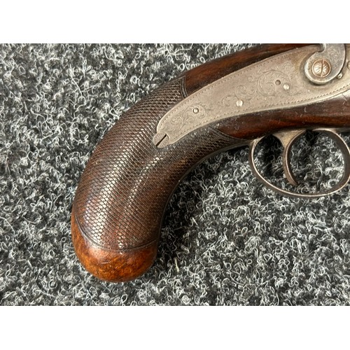 2411 - Percussion Cap Pistol with octagonal Damascus barrel 128mm in length, engraved with maker mark 