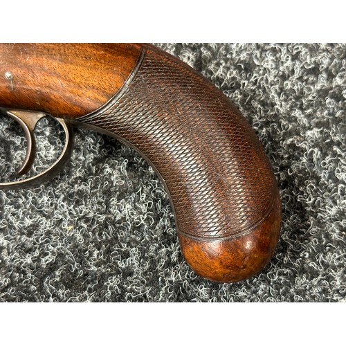 2411 - Percussion Cap Pistol with octagonal Damascus barrel 128mm in length, engraved with maker mark 