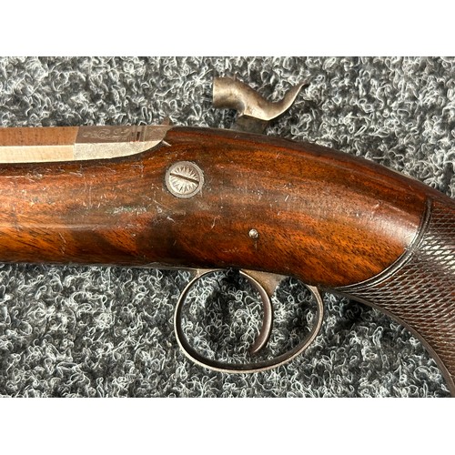 2411 - Percussion Cap Pistol with octagonal Damascus barrel 128mm in length, engraved with maker mark 