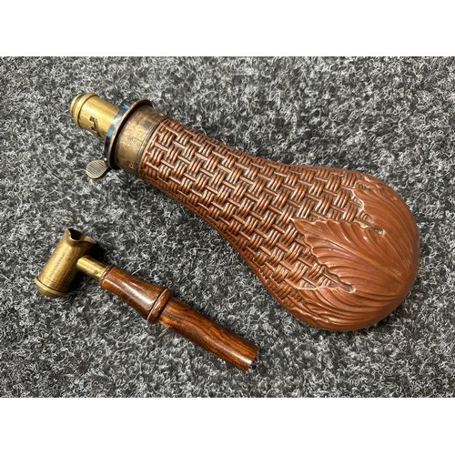 2420 - Copper Powder Flask with Basket Weave design maker marked 