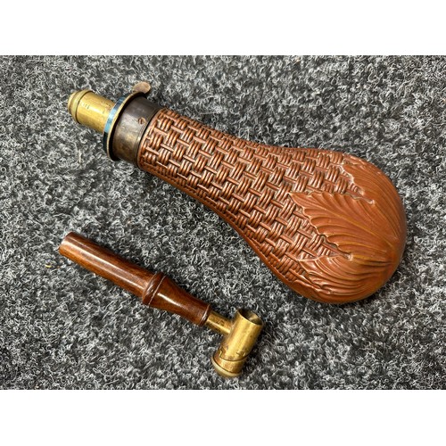 2420 - Copper Powder Flask with Basket Weave design maker marked 