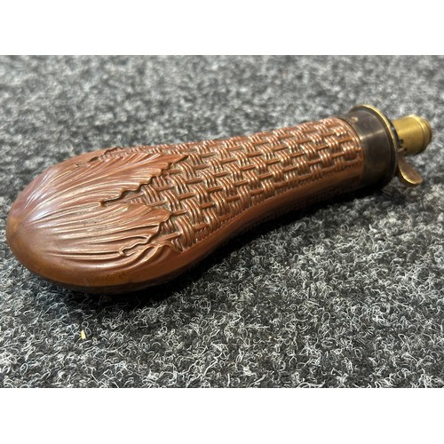 2420 - Copper Powder Flask with Basket Weave design maker marked 