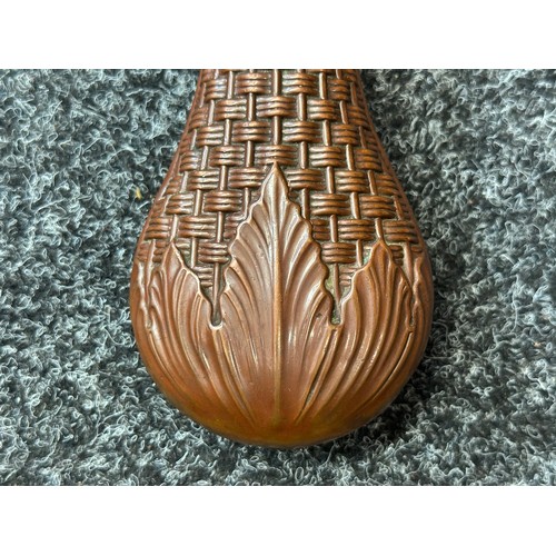 2420 - Copper Powder Flask with Basket Weave design maker marked 