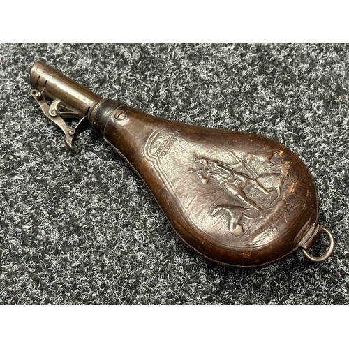 2421 - Leather Shot Flask with embossed Scottish Hunting Scene with Kilted Hunter with Stag and dogs. Maker... 