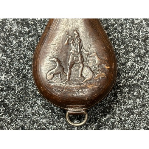 2421 - Leather Shot Flask with embossed Scottish Hunting Scene with Kilted Hunter with Stag and dogs. Maker... 