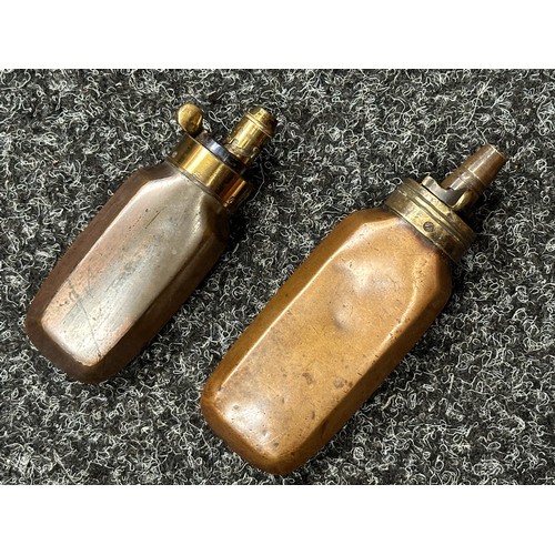 2423 - Pair of Copper Pistol Powder Flasks, both unmarked. One with adjustable Dram settings for 3/8ths and... 