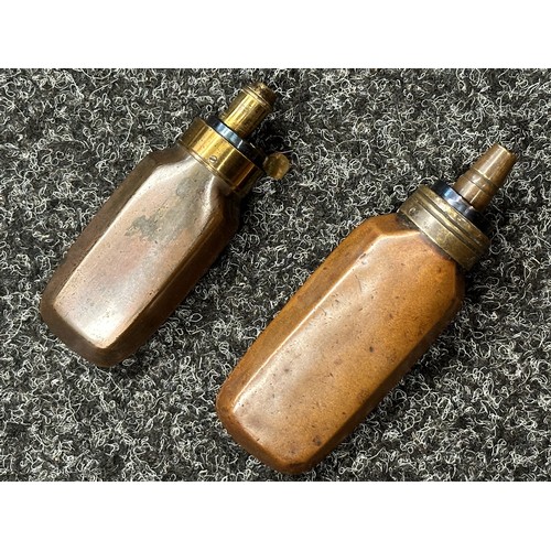 2423 - Pair of Copper Pistol Powder Flasks, both unmarked. One with adjustable Dram settings for 3/8ths and... 