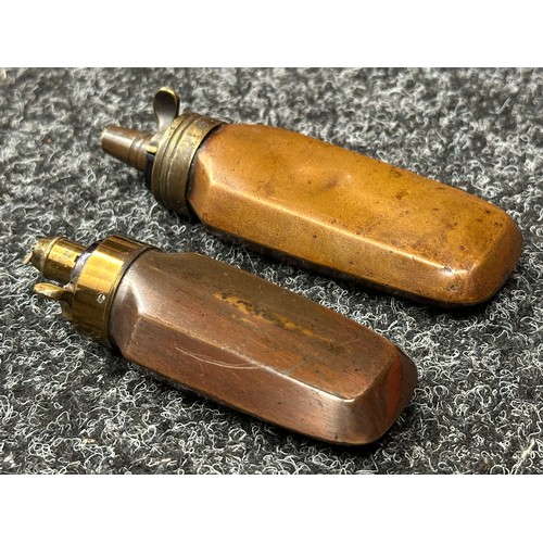 2423 - Pair of Copper Pistol Powder Flasks, both unmarked. One with adjustable Dram settings for 3/8ths and... 