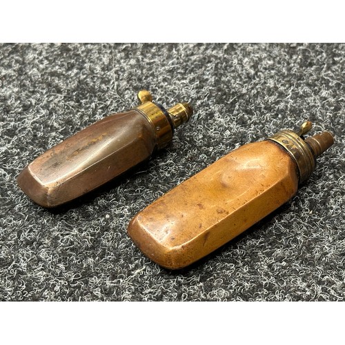 2423 - Pair of Copper Pistol Powder Flasks, both unmarked. One with adjustable Dram settings for 3/8ths and... 