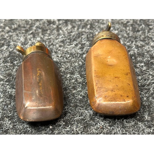 2423 - Pair of Copper Pistol Powder Flasks, both unmarked. One with adjustable Dram settings for 3/8ths and... 