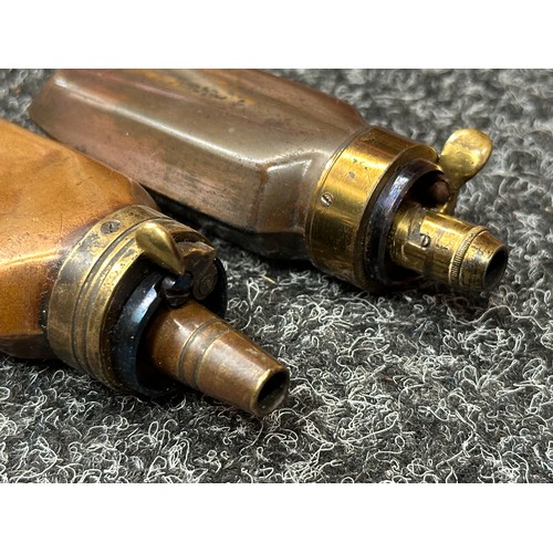 2423 - Pair of Copper Pistol Powder Flasks, both unmarked. One with adjustable Dram settings for 3/8ths and... 