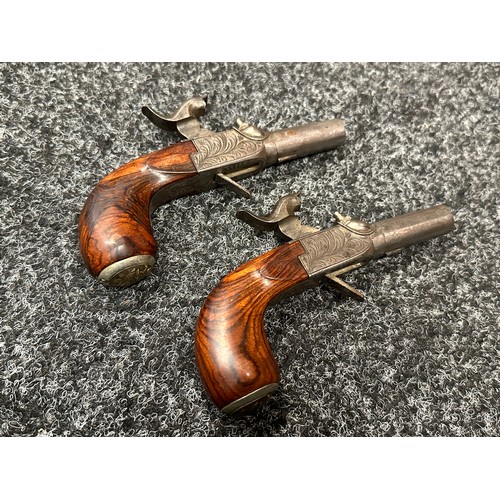 2425 - Pair of Belgian Percussion Cap Pocket Pistols with 41mm long barrels. Bore approx. 10mm. Both hold a... 