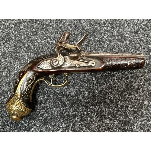 2435 - Flintlock Pistol with 120mm long barrel. Bore approx. 14mm. Inlaid white metal doration to hammer, p... 