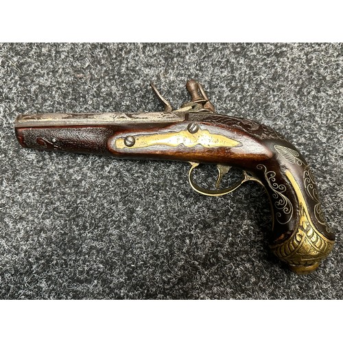 2435 - Flintlock Pistol with 120mm long barrel. Bore approx. 14mm. Inlaid white metal doration to hammer, p... 