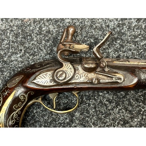 2435 - Flintlock Pistol with 120mm long barrel. Bore approx. 14mm. Inlaid white metal doration to hammer, p... 