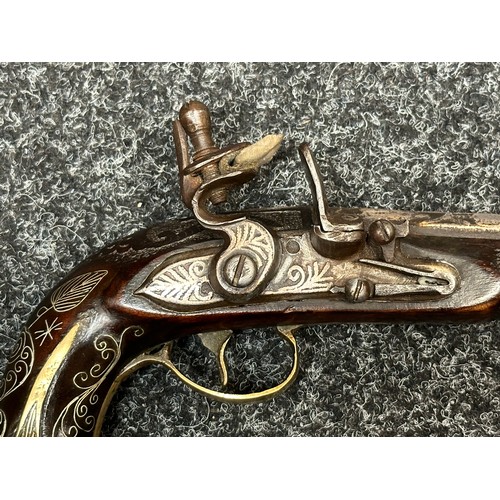 2435 - Flintlock Pistol with 120mm long barrel. Bore approx. 14mm. Inlaid white metal doration to hammer, p... 