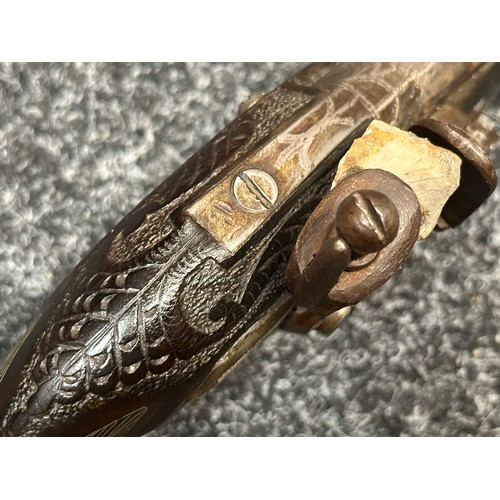 2435 - Flintlock Pistol with 120mm long barrel. Bore approx. 14mm. Inlaid white metal doration to hammer, p... 