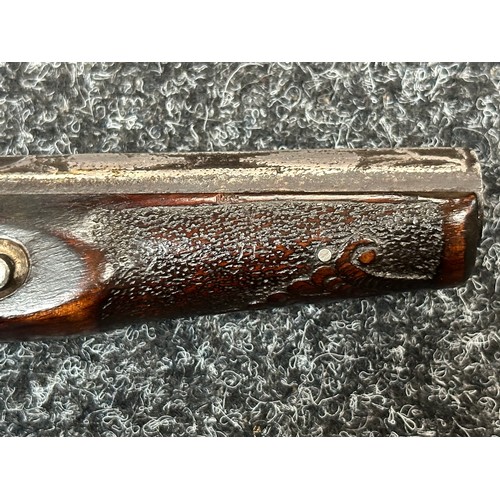 2435 - Flintlock Pistol with 120mm long barrel. Bore approx. 14mm. Inlaid white metal doration to hammer, p... 