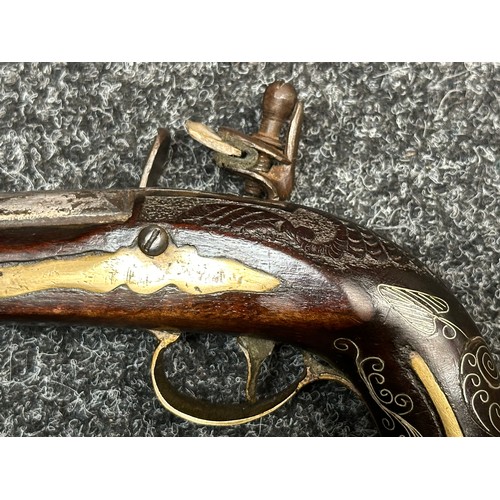 2435 - Flintlock Pistol with 120mm long barrel. Bore approx. 14mm. Inlaid white metal doration to hammer, p... 