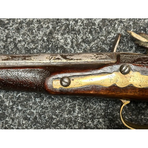 2435 - Flintlock Pistol with 120mm long barrel. Bore approx. 14mm. Inlaid white metal doration to hammer, p... 