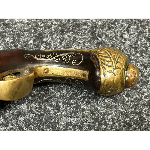 2435 - Flintlock Pistol with 120mm long barrel. Bore approx. 14mm. Inlaid white metal doration to hammer, p... 